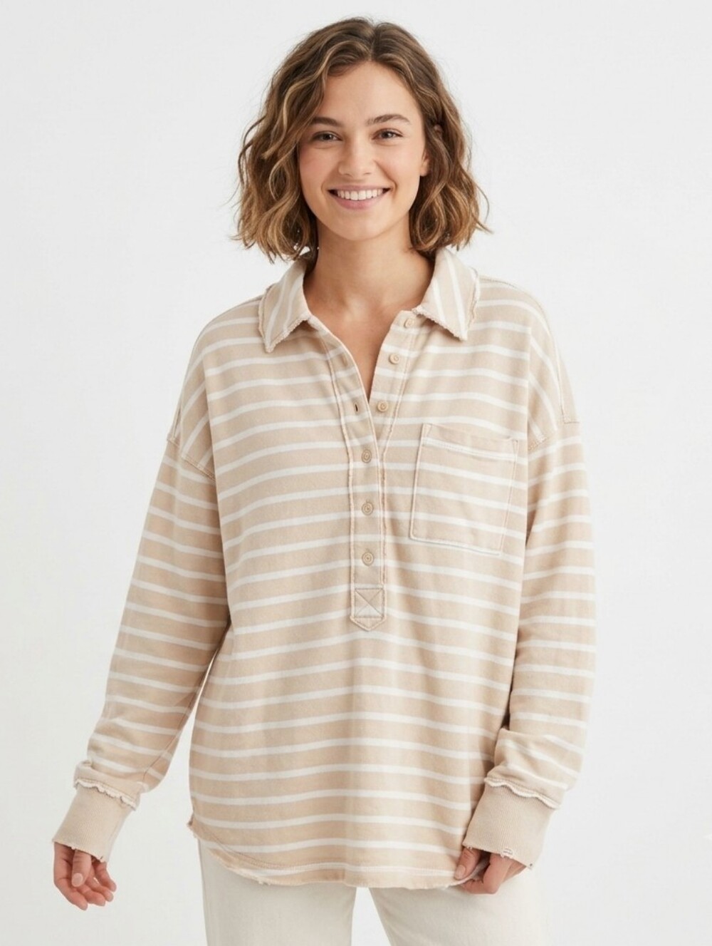 Aerie Striped Popover Polo Rugby Oversized Knit Shirt, XXS